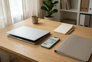 Laptop i telefon z neutralnym widokiem panelu konta, obok zamknięty folder na dokumenty.